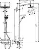 Hansgrohe Duschpaneel mit Thermostat. Enthält eine Kopf- und Handbrause, Flexschläuche und Montagesystem. Skizze zeigt Abmessungen und strukturelle Details.